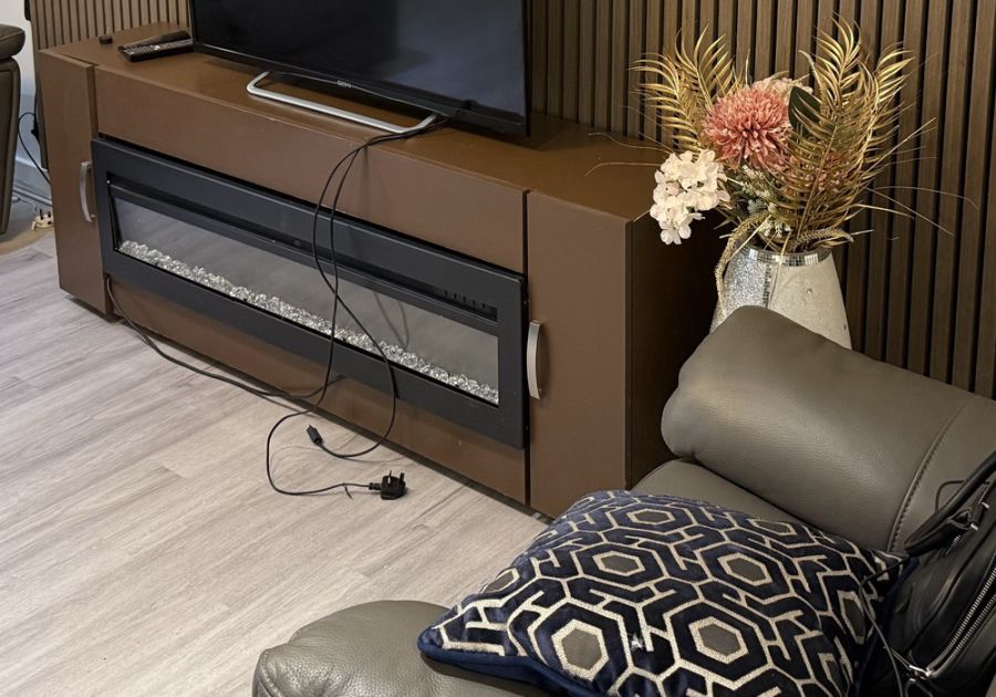 Walnut-effect TV unit with built-in electric fire